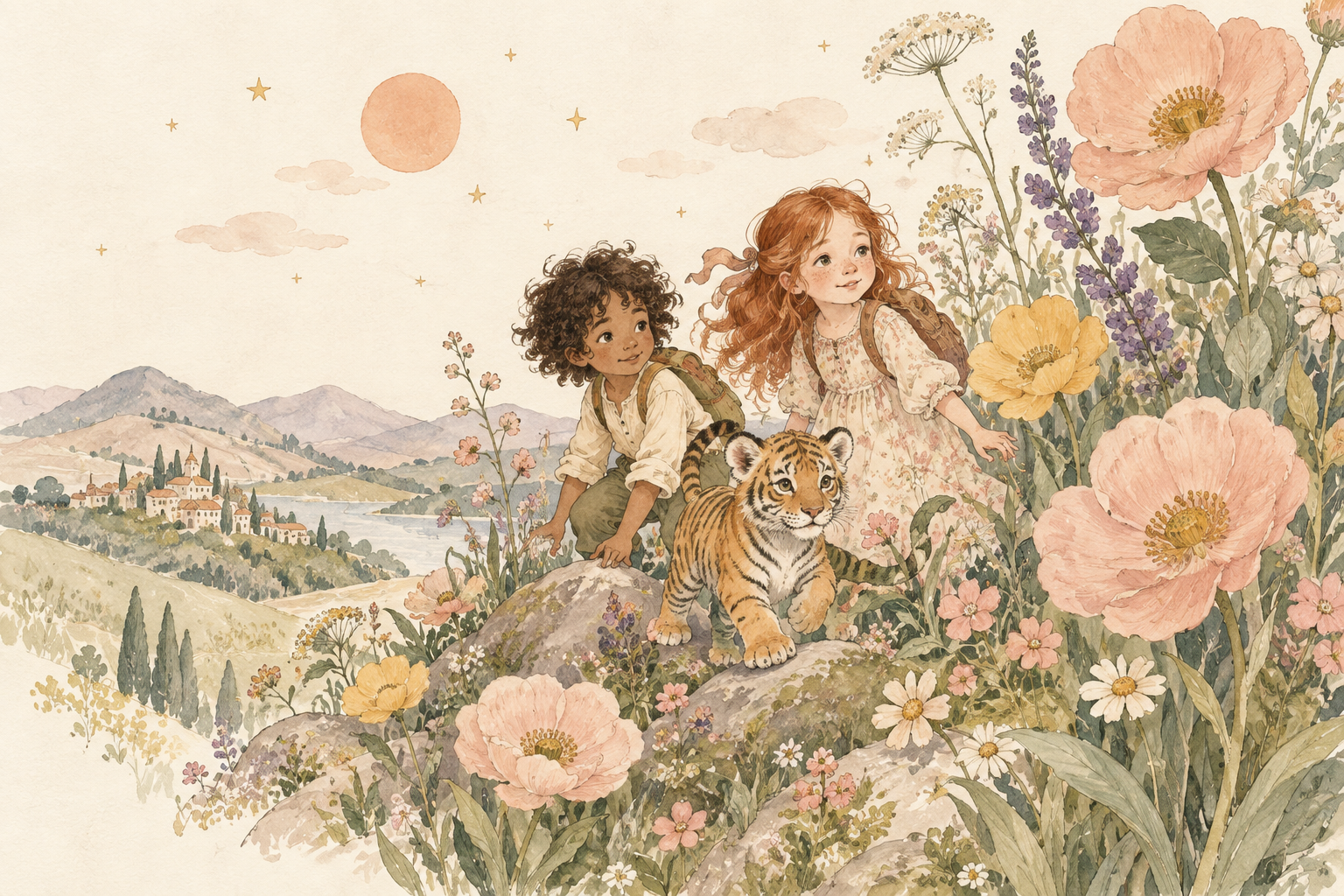 Two children and a little tiger explore a magical garden of pastel wildflowers